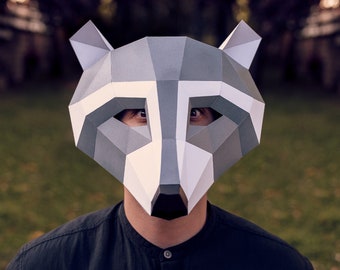 Waschbärmaske aus Papier | Druckvorlagen, 3D-Maske, geometrisch, polygonal, selbstgemacht, Schnittmuster zum Herunterladen, DIY-Kostüm