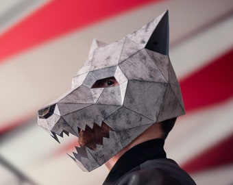 Masque de loup de papier / chien | Modèles imprimables, masque 3D, géométrique, polygonal, fait maison, modèle téléchargeable, costume de bricolage