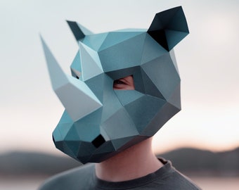 Nashornmaske aus Papier | Druckbare Vorlagen, 3D-Maske, geometrisch, polygonal, hausgemacht, herunterladbares Muster, DIY-Kostüm