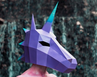 Máscara de Unicornio de Papel | Plantillas para imprimir, Máscara 3D, Geométrica, Poligonal, Casera, Patrón descargable, Disfraz DIY, PDF