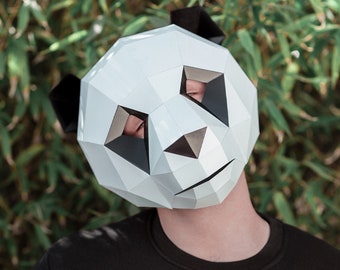Máscara de Panda de Papel | Plantillas para imprimir, Máscara 3D, Geométrica, Poligonal, Casera, Patrón descargable, Disfraz DIY