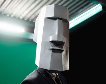 Moai-Maske aus Papier | Druckbare Vorlagen, 3D-Maske, geometrisch, polygonal, hausgemacht, herunterladbare Muster, DIY-Kostüm