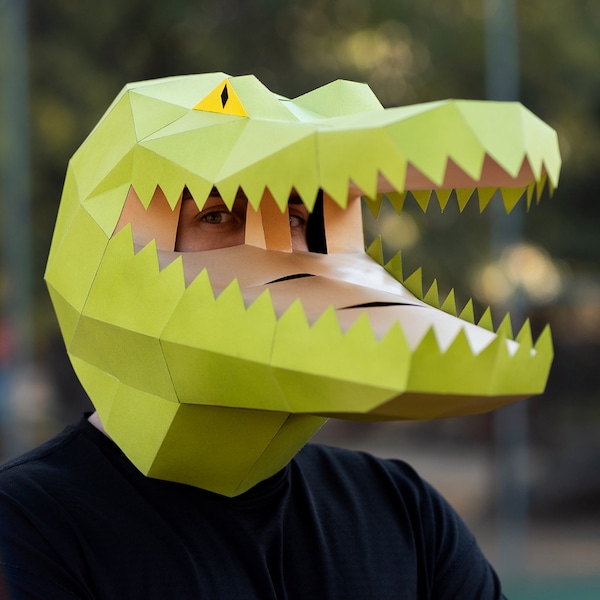 Papier-Krokodil-/Alligatormaske | Druckbare Vorlagen, 3D-Maske, geometrisch, polygonal, hausgemacht, herunterladbares Muster, Kostüm