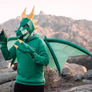 May include: A person wearing a green dragon costume with a paper mache mask, wings, and claws. The costume is detailed and realistic, with sharp teeth and claws. The person is standing in a mountainous landscape.