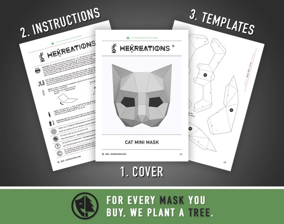 Cat Half Mask, Paper Animal Mask PDF and SVG Pattern. Low Poly