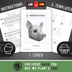 Schweinemaske aus Papier | Druckvorlagen, 3D-Maske, geometrisch, polygonal, selbstgemacht, Schnittmuster zum Herunterladen, DIY-Kostüm, PDF Bild 6