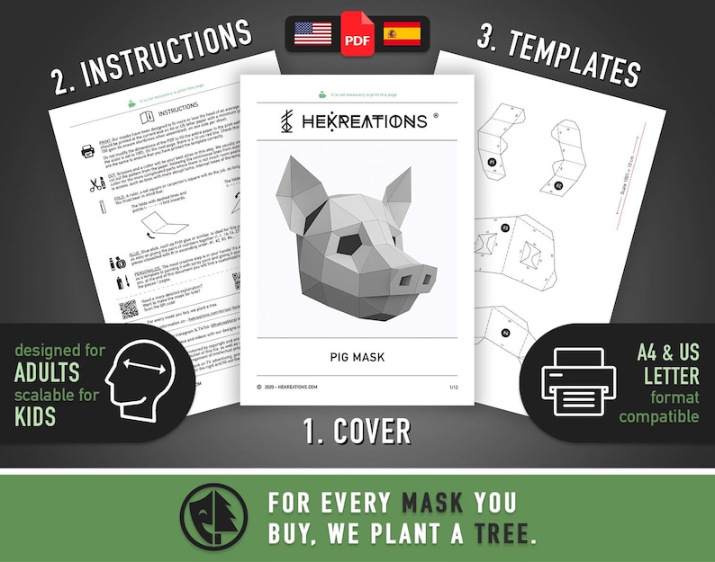 Schweinemaske aus Papier | Druckvorlagen, 3D-Maske, geometrisch, polygonal, selbstgemacht, Schnittmuster zum Herunterladen, DIY-Kostüm, PDF Bild 6