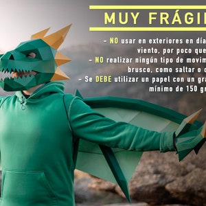 May include: A person wearing a green paper dragon mask and wings. The text on the image reads: "MUY FR&Aacute;GIL - NO usar en exteriores en d&iacute;as con viento, por poco que haya. - NO realizar ning&uacute;n tipo de movimiento brusco, como saltar o correr. - Se DEBE utilizar un papel con un gramaje m&iacute;nimo de 150 gramos."