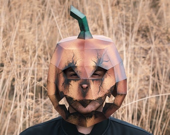 Kürbismaske aus Papier | Druckvorlagen, 3D-Maske, geometrisch, polygonal, selbstgemacht, Schnittmuster zum Herunterladen, DIY-Kostüm