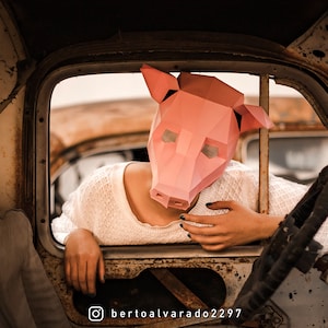 K&ouml;nnte beinhalten: Eine Person mit einer rosafarbenen Schweinemaske sitzt auf dem Fahrersitz eines rostigen Autos. Die Hand der Person liegt auf dem Armaturenbrett. Der Innenraum des Autos ist abgenutzt und verblasst.