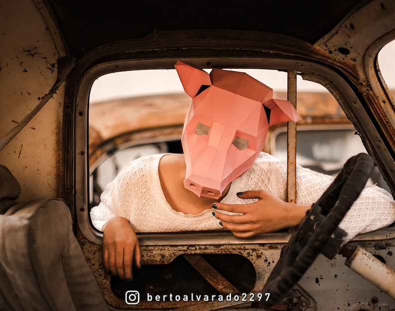 K&ouml;nnte beinhalten: Eine Person mit einer rosafarbenen Schweinemaske sitzt auf dem Fahrersitz eines rostigen Autos. Die Hand der Person liegt auf dem Armaturenbrett. Der Innenraum des Autos ist abgenutzt und verblasst.