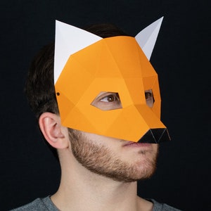 Papieren vosmasker / oogmasker | Afdrukbare sjablonen, 3D-masker, geometrisch, veelhoekig, zelfgemaakt, downloadbaar patroon, doe-het-zelfkostuum