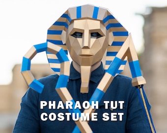Pharaoh Tut Costume Set | Mask + Crook + Flail | Printable Templates, DIY Papercraft, Polygon, Low Poly, Geometric, 3D, Pattern, PDF
