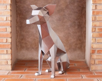 Sitting Dog Sculpture, Metal Animal Sculpture / Statue | Polygonal, Geometric, Low Poly, Figure made of Stainless Steel