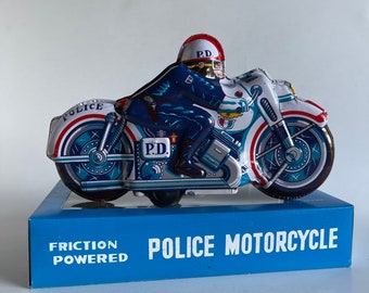 Vintage Friction Powered Police Motorcycle Tin Toy Made in Japan