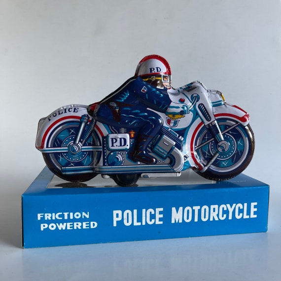 Vintage Friction Powered Police Motorcycle Tin Toy Made in Japan