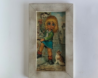 Vintage 1960s Michel Thomas Big Eyed French Girl Framed Art Print