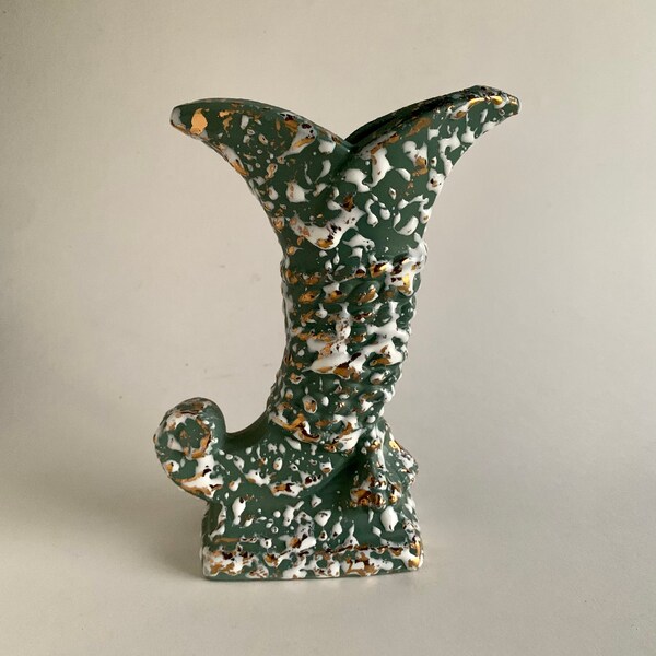Vintage MCM Splatterware Green Gold White Ceramic Horn Vase