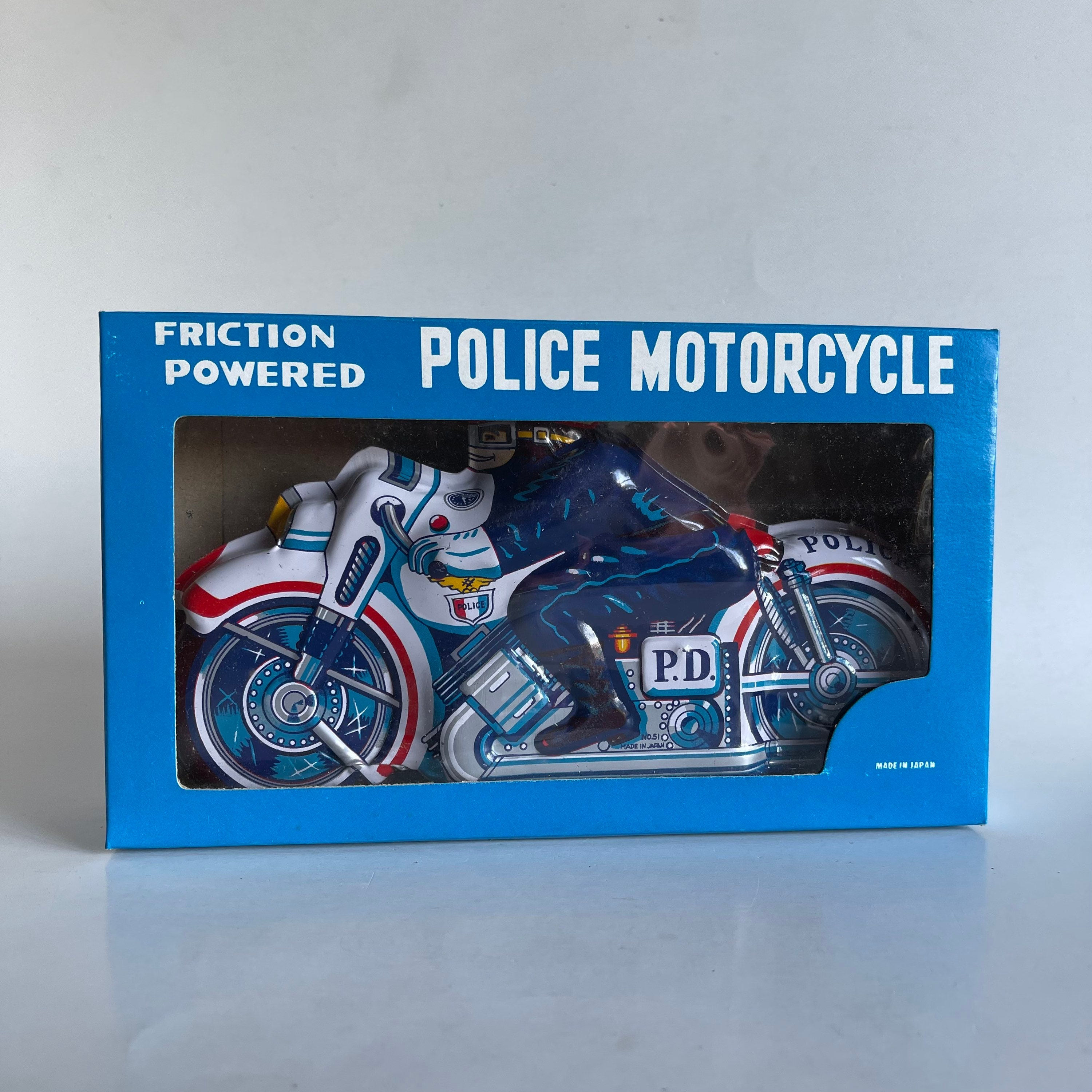 Vintage Friction Powered Police Motorcycle Tin Toy Made in Japan