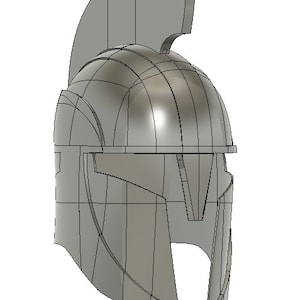 May include: A 3D model of a silver helmet with a tall, pointed crest. The helmet has a face mask with a narrow opening for the eyes.