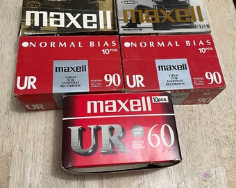 Lot de 5 boîtes vides Maxell pour nouvelles cassettes publicitaires UR90, UR60, XLII 60, XLII-S 90.