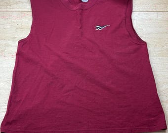 Vintage Maroon 90s Reebok Embroidered Black White Logo Sleeveless T-Shirt Sz L.