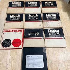 Lote de 10 fitas de gravação Scotch 3 M usadas, rolo a rolo, 7” de vários tipos e comprimentos.
