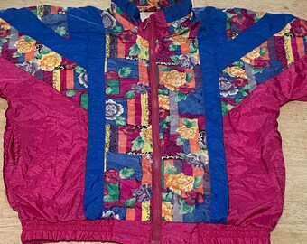 Vintage 1980s Kuma Sport Women's Large Pink Floral Patterned Windbreaker Jacket.