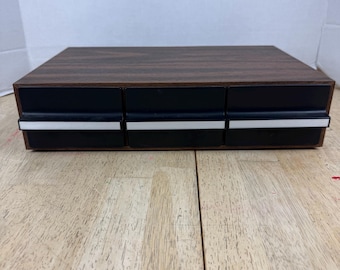 Vintage Faux Wood 3 Drawer Audio Cassette Tape Storage Case Holds 36 Tapes.