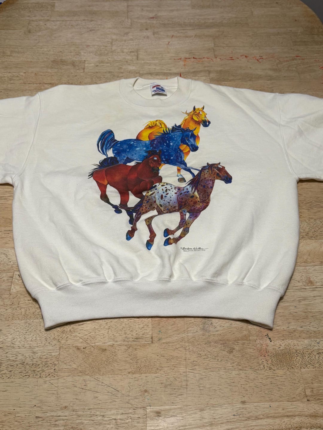 Barbara Wallace Dolphin Shirt Co Vintage Crewneck Sz XL 4 Horses