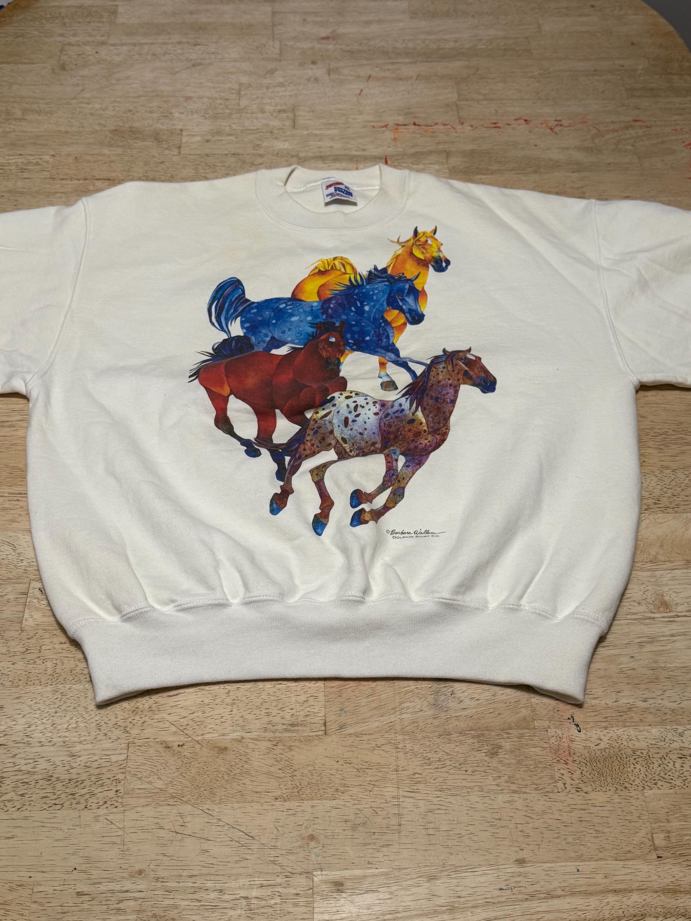 Barbara Wallace Dolphin Shirt Co Vintage Crewneck Sz XL 4 Horses