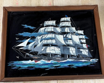Vintage 1970s Framed Velvet Large Sailing Ship Painting 25x19 Ocean Decor.