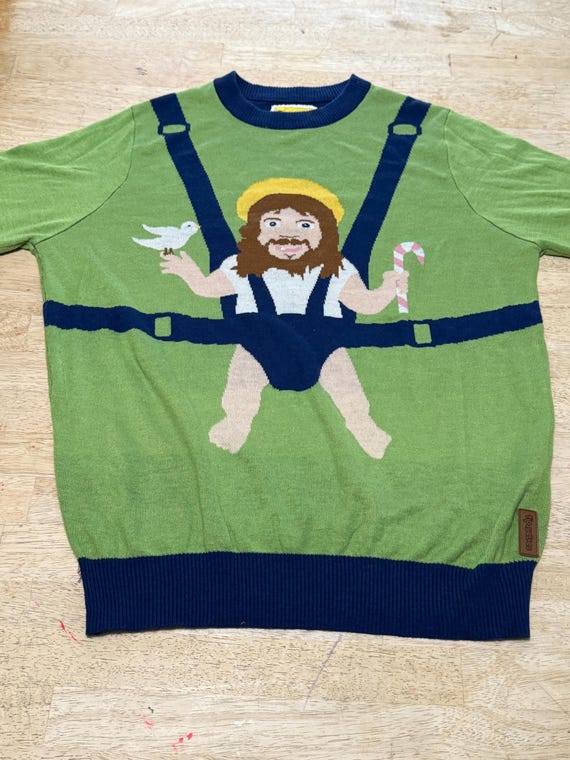 TIPSY ELVES Green Navy Baby Jesus Men's Crewneck Ugly Christmas