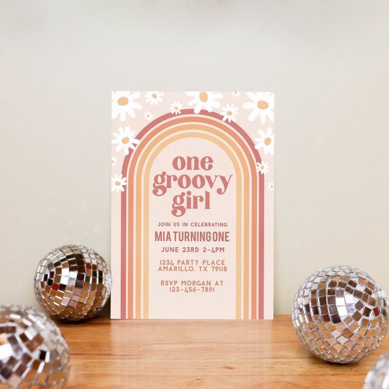 Editable One Groovy Girl 1st Birthday Party Invitation Boho Retro ...