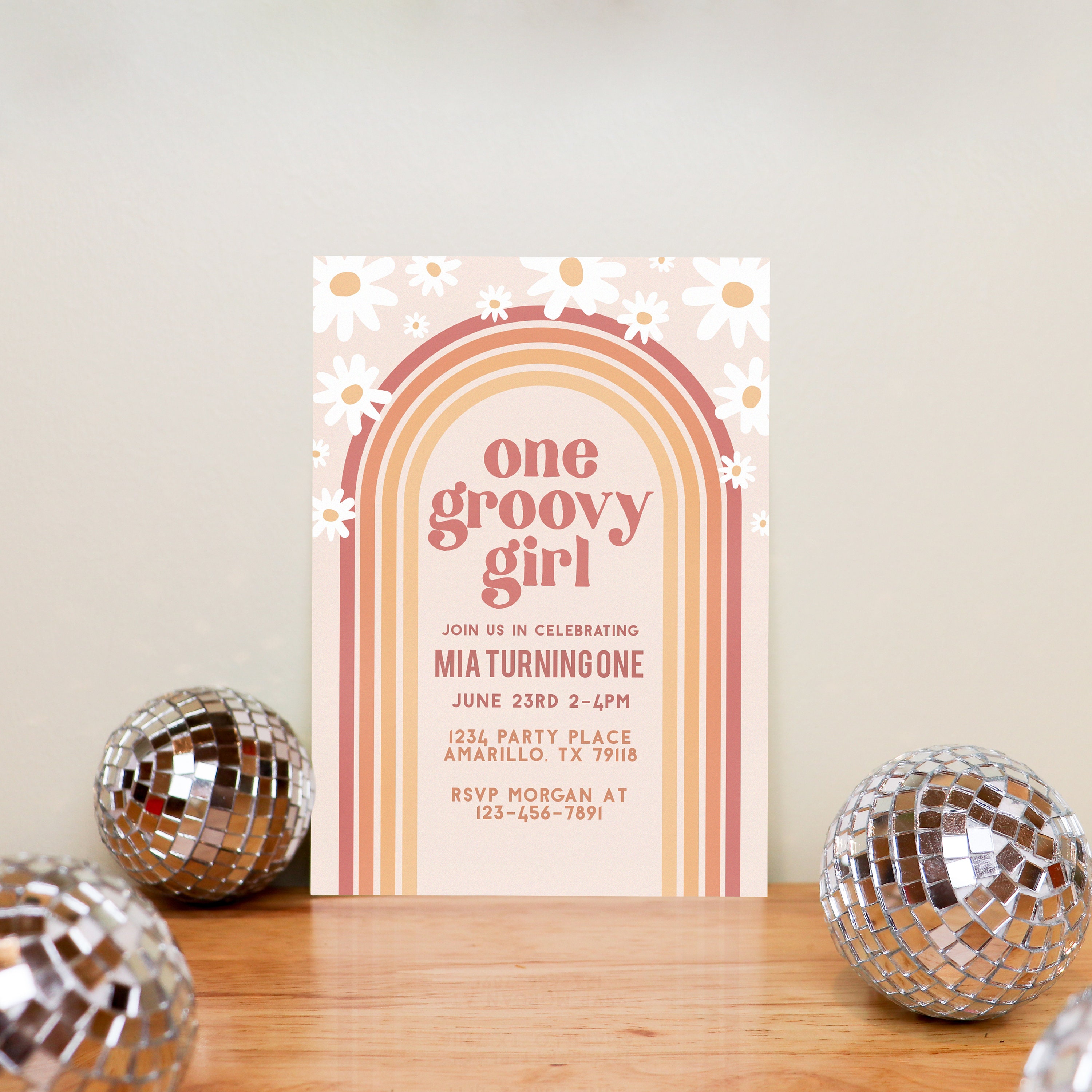 Editable One Groovy Girl 1st Birthday Party Invitation Boho Retro ...