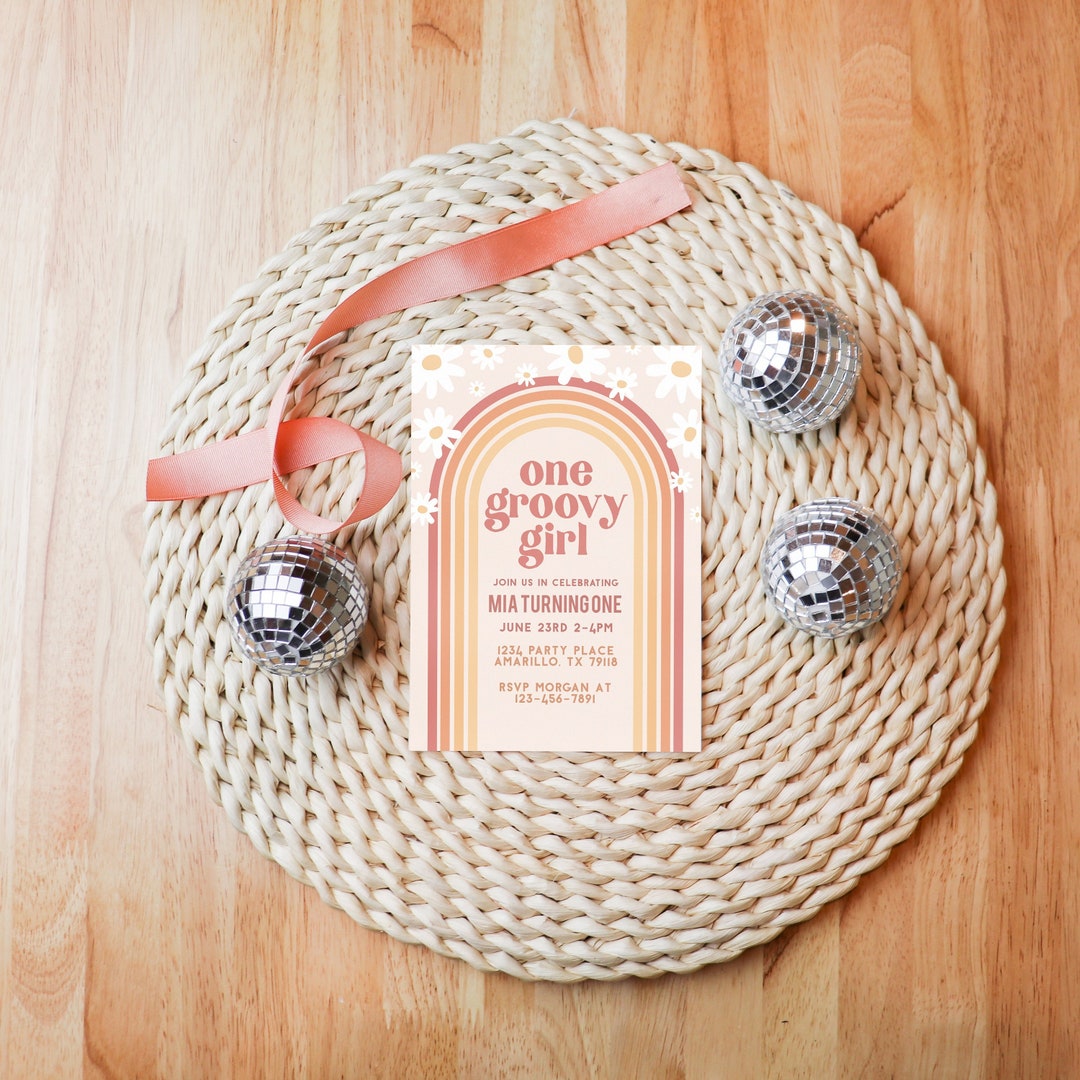 Editable One Groovy Girl 1st Birthday Party Invitation Boho Retro ...
