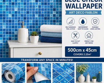 Blue Check Self Adhesive Wallpaper: Art Deco Fablon (500cm x 45cm)