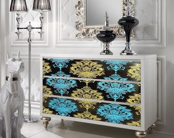 Art Deco Damask Sticky Back Plastic Wallpaper Peel and Stick PVC Fablon Black Blue
