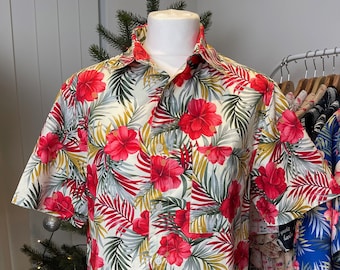 100% Cotton Hawaiian Resort Shirt: Red Hibiscus Print, Summer Holiday Style