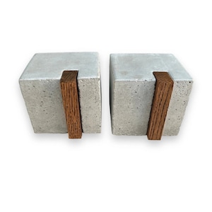 Modern Extra Heavy Duty Concrete Bookends | Large Bookends | Solid Bookends | Oak Wood Bookends | Contemporary Bookends |