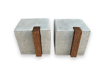 Modern Extra Heavy Duty Concrete Bookends | Large Bookends | Solid Bookends | Oak Wood Bookends | Contemporary Bookends |