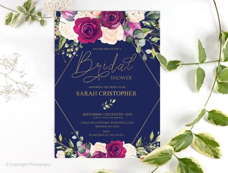 Navy Blush Bridal Shower Template Greenery Invitation Etsy
