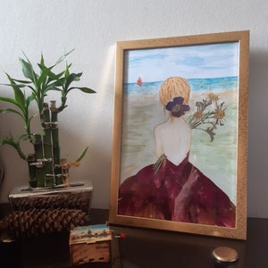 Scarlet Sails Painting: Dried Flower Art Collage in Golden Frame