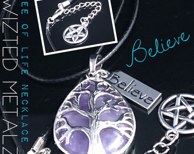 Featured listing image: Amethyst Teardrop Tree of Life “Believe” Charm Necklace