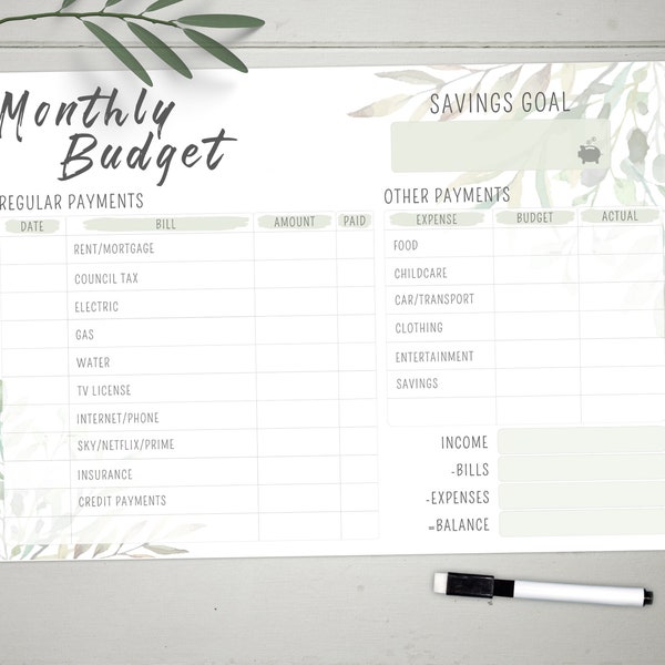 Tableau blanc mensuel du planificateur de budget familial - Grand A3 Write and Wipe Clean Finance Tracker - Planificateur d’effacement à sec personnalisé