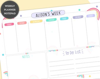 Personalised Weekly Planner Rainbow Notepad, Desk Pad Agenda, A4 or A5 Tearable Pad, Daily Day Organiser, To Do List Schedule, Printed Pad