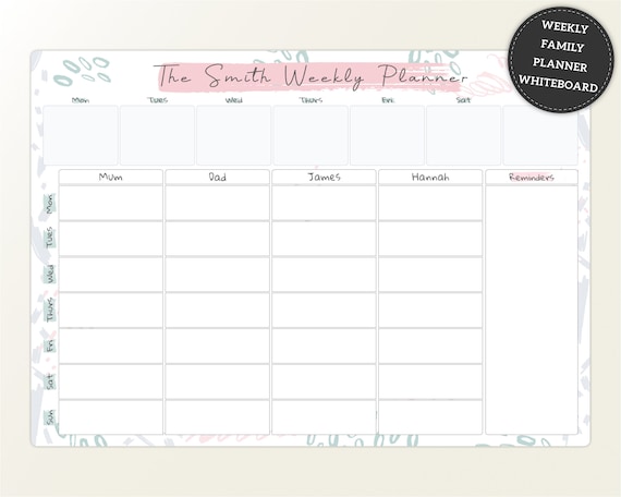 Large Family Weekly Planner Dry Wipe Whiteboard Wall Organiser, Meal  Planner, Personalised A3 Dry Erase White Board Command Centre, 