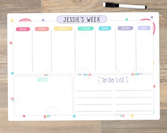 Personalised Children's Weekly Whiteboard Planner, Rainbow Planner, Kid's Reusable Dry Wipe Planner, Dry Erase To Do List