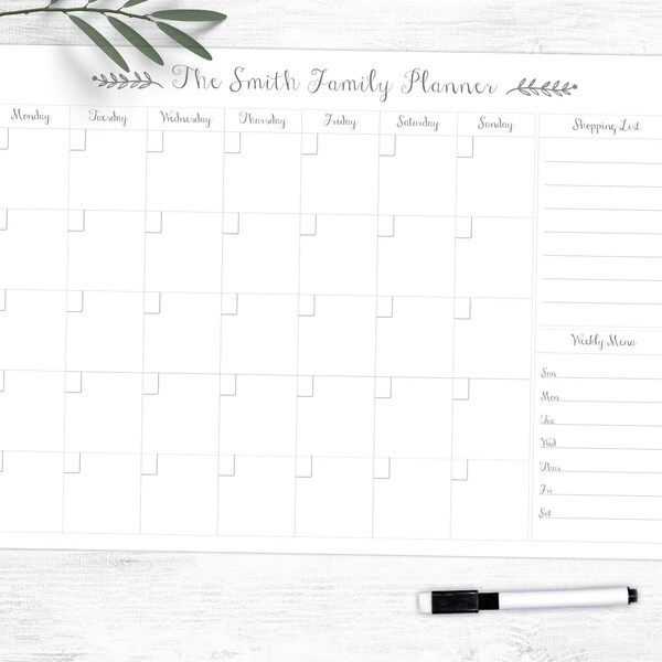 Personalised Monthly Planner Whiteboard - Large A3 Write and Wipe Clean Monthly Organiser - Dry Wipe - Weekly Shopping Meal Planner