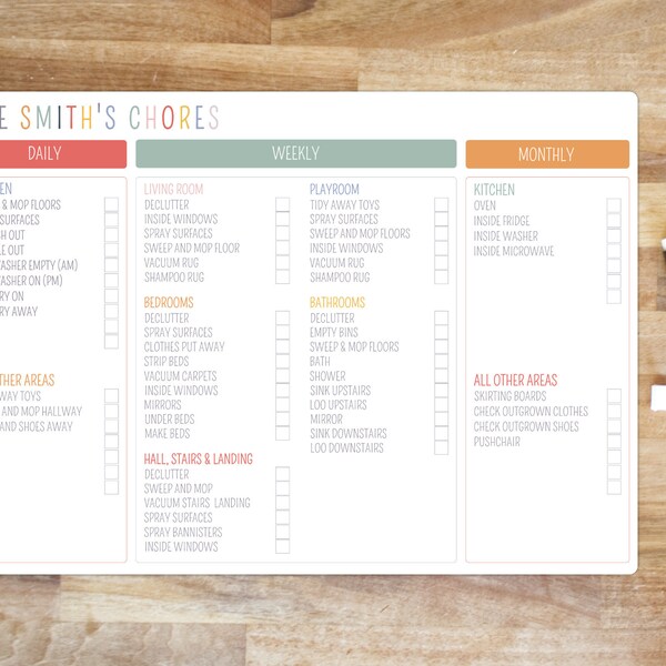 A3 Personalisierte Trockenwisch-Whiteboard Haushaltsarbeit Checkliste. Familienreinigung Planer.